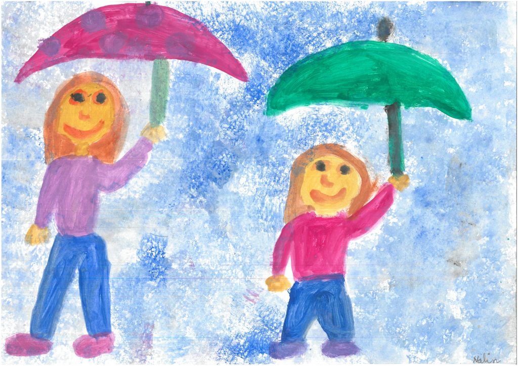 Von einem Kind gemaltes Bild zweier Personen mit Regenschirm
