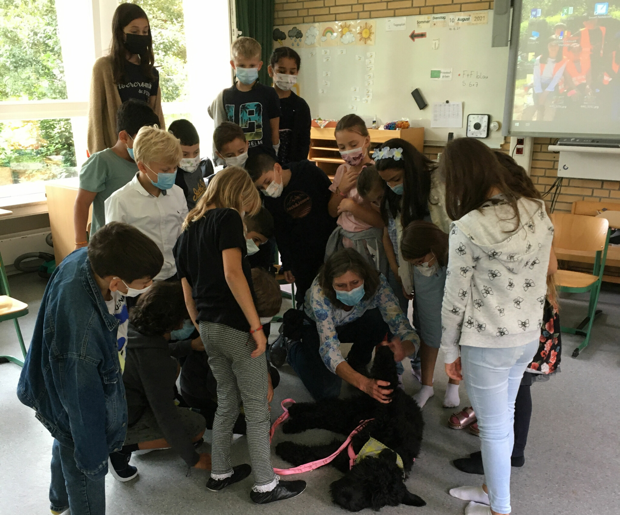 Kinder stehen in einem Klassenraum um eine Frau mit Hund.