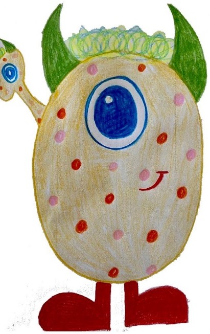 Von einem Kind gemaltes freundliches Monster mit einem großen blauen Auge, zwei grünen Hörnern und zwei roten Füßen.